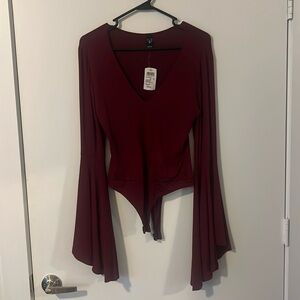 Windsor Burgundy Flare Sleeve Bodysuit - SMALL
